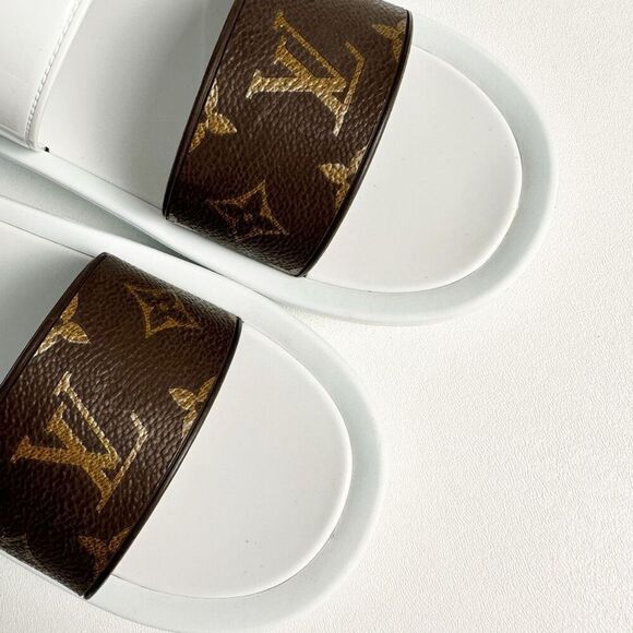 LOUIS VUITTON White Sunbath Flat Slide Sandals 39 US 9 Brown Monogram Canvas - Picture 4 of 12